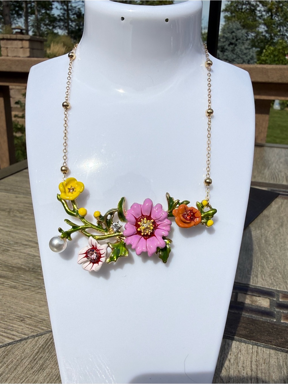 NWT Floral Multi-Color Enamel Statement Necklace - Pink, Orange, Yellow